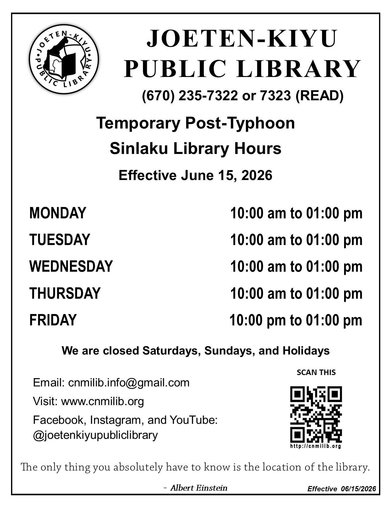 Updated Library Hours Effective June 15, 2026